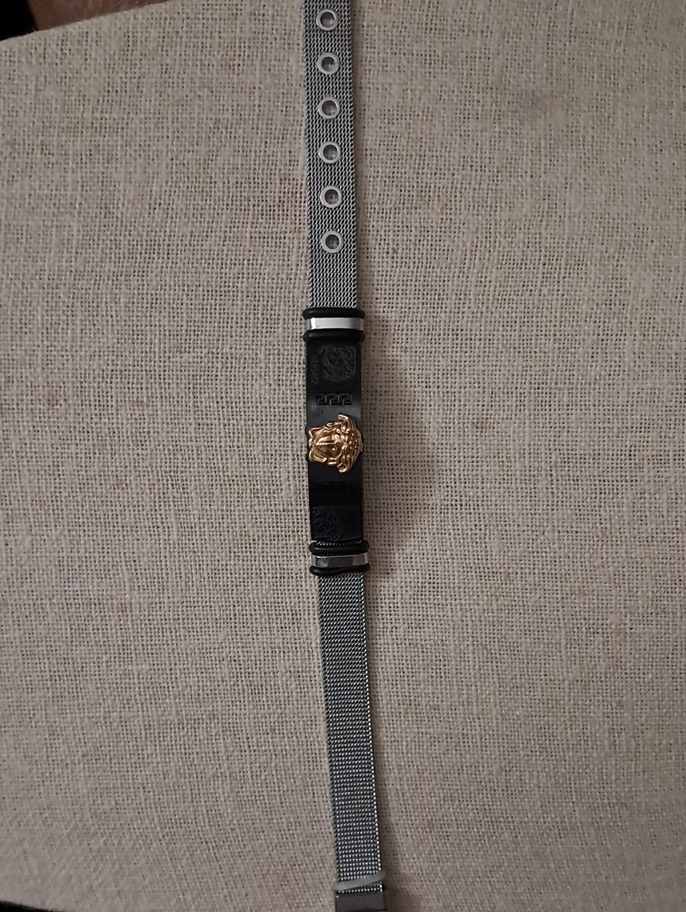 -Inspired Black Silver Mesh Bracelet with Gold Medusa Accent